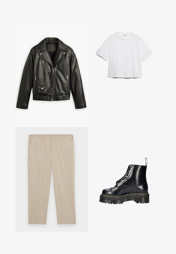 Mustmust mustrattaga mustkott, millel on lühendatud disain, laiad kraed, mitmed tõmblukuga taskud ja õrn läige. Varustatud vööga vöökohal.; Valge puuvillane T-särk lühikeste varrukatega, ümar kaelus, vaba lõige ning ilma nähtavate mustrite või graafikateta. Sile tekstuur ja lihtne disain.; Tommy Hilfiger Curve Püksid - classic beige; Must musta kõrge säärega saabas, millel on jäme tallakate, dekoratiivne pael ja kollane õmblus, ning kanna peal tõmbetöötlemise ribake.