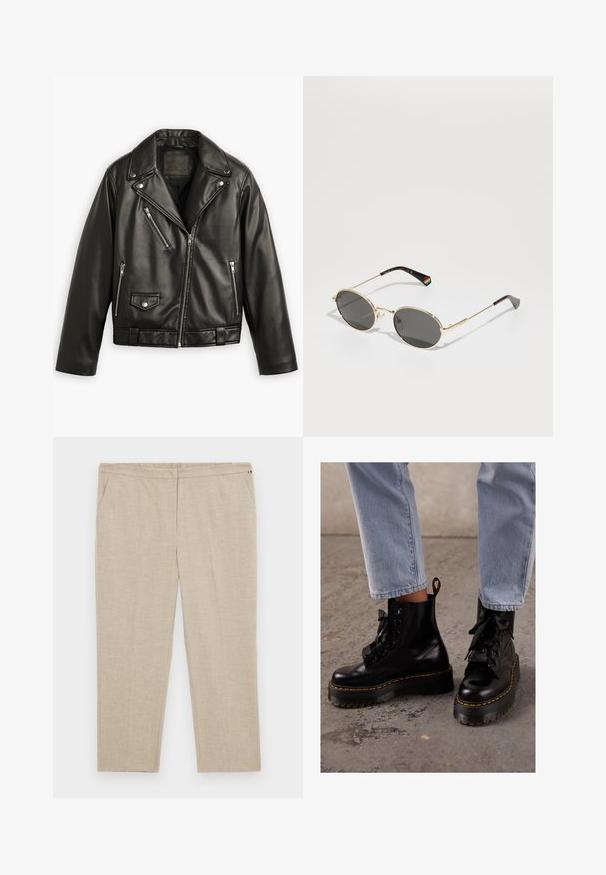 Melnas ādas motocikla jaka ar īsu dizainu, plašiem atlokiem, vairākiem rāvējslēdzēju kabatām un maigu spīdumu. Iekļauta josta viduklī.; Baltas kokvilnas T-krekls ar īsām piedurknēm, apaļu kakla izgriezumu, brīvu piegriezumu un bez redzamām rakstu vai grafikas. Gluda tekstūra un vienkāršs dizains.; Tommy Hilfiger Curve Auduma bikses - classic beige; Melni ādas potīšu zābaki ar masīvu zoli, apaļu purngalu, lentu šnuķēm, dzeltenām šuvēm un cilpu aizmugurē.; Zelta rāmja ovālas saulesbrilles ar tumšiem stikliem. Tievās metāla kājiņas ir izceltas ar varavīksnes detaļu kreisajā tempļā. Gluda, spīdīga apdare.