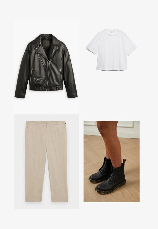Crna kožna motoristička jakna s skraćenim dizajnom, širokim reverima, nekoliko džepova sa zip zatvaračima i suptilnim sjajem. Ima pojas u struku.; Bijela pamučna majica s kratkim rukavima, okruglim izrezom, opuštenog kroja, bez vidljivih uzoraka ili grafika. Glatka tekstura i jednostavan dizajn.; Tommy Hilfiger Curve Hlače - classic beige; Crne kožne gležnjače s patentnim zatvaračem i vezanjem, s žutim šavovima i debelim, teksturiranim potplatom.