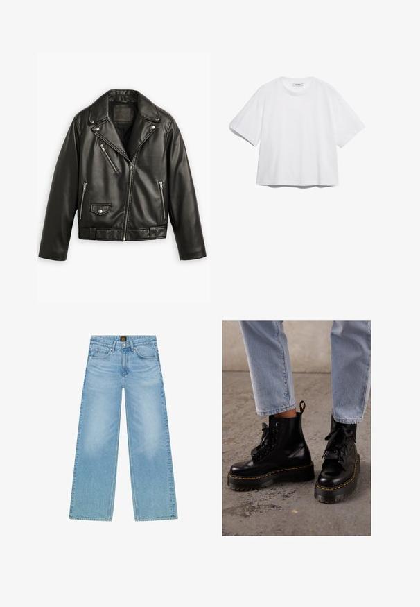 Czarna skórzana kurtka motocyklowa o skróconym kroju, szerokimi klapami, kilkoma zamykanymi kieszeniami oraz subtelnym połyskiem. Posiada pasek w talii.; Biały bawełniany t-shirt z krótkimi rękawami, okrągłym dekoltem, luźnym krojem oraz bez widocznych wzorów czy grafik. Gładka tekstura i prosty design.; Jasnoniebieskie, szerokie dżinsy wykonane z denimu. Posiadają klasyczny fason z pięcioma kieszeniami oraz delikatnie wyblakłą teksturę. Zapięcie na guzik i zamek błyskawiczny.; Czarne skórzane botki za kostkę z masywną podeszwą, okrągłym noskiem, wstążkowymi sznurówkami, żółtymi stębnowaniami i pętelką z tyłu.