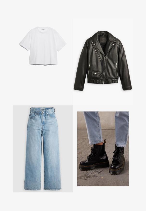Fekete bőr motoros dzseki rövidített fazonnal, széles hajtókákkal, több cipzáras zsebbel és finom fényességgel. Derékon övvel rendelkezik.; Fehér pamut póló rövid ujjal, kerek nyakkivágással, laza fazonnal, és nincsenek rajta látható minták vagy grafikák. Sima textúra és egyszerű dizájn.; Világoskék, magas derekú, bőszárú farmernadrág, denim anyagból készült. Klasszikus öt zsebes kialakítással és fém kiegészítőkkel rendelkezik.; Fekete bőr bokacsizmák vastag talppal, kerek orral, masnis fűzős megoldással, sárga varrással és egy húzófüllel a hátsó részen.