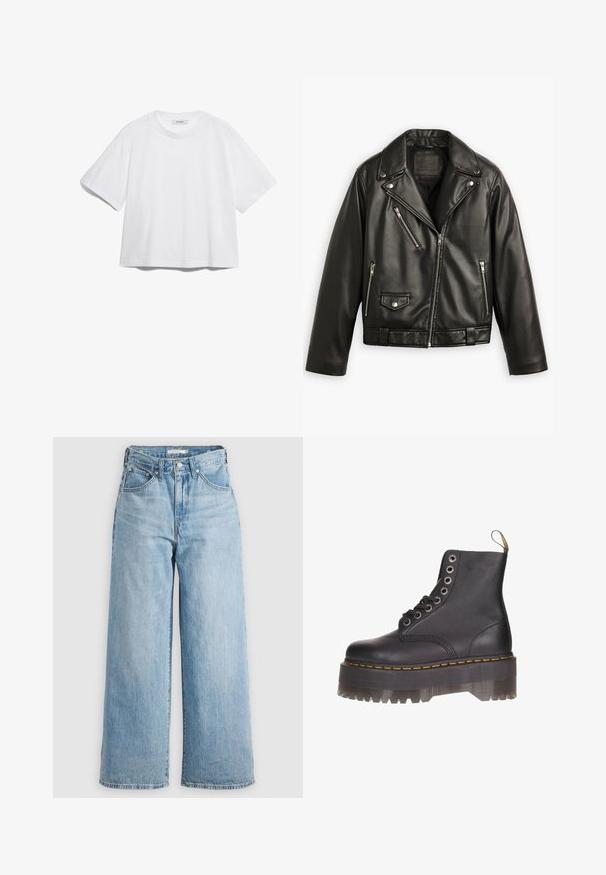 Svart skinn motorsykkeljakke med cropped design, brede lapeller, flere glidelåslommer og en subtil glans. Har belte i midjen.; Hvit bomull t-skjorte med korte ermer, rund hals, avslappet passform og uten synlige mønstre eller grafikk. Glatt tekstur og enkelt design.; Lys blå vide bukser med høj talje lavet af denim stof. Har et klassisk fem-lomme design og metalhardware.; Sorte skinn ankelsko med seks Øye-lisser, gul søm og en transparent plattformsåle med sagkant.
