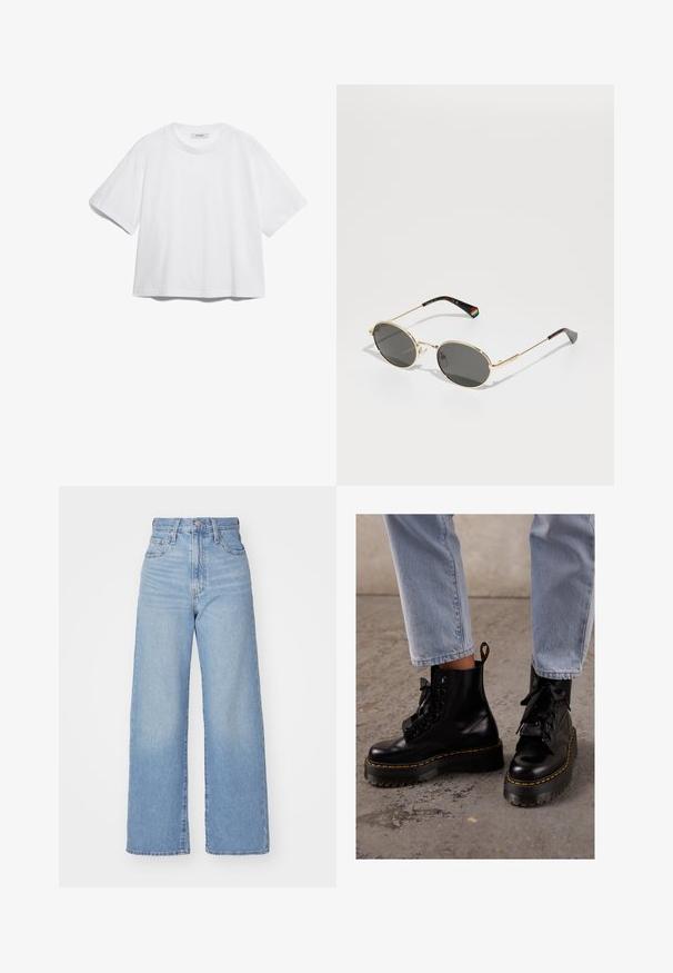 Juoda odinė motociklo striukė su trumpu dizainu, plačiomis apykaklėmis, keliais užtrauktukais, o taip pat subtiliu blizgesiu. Su diržu juosmenyje.; Balta medvilninė marškinėliai su trumpomis rankovėmis, apvaliu iškirpimu, laisvu siluetu ir be matomų raštų ar grafikų. Lygus paviršius ir paprastas dizainas.; Šviesiai mėlynos aukšto liemens plačios kojos džinsai su priekiniais užtrauktukais ir sagom, priekinėmis ir galinėmis kišenėmis, ant baltos fono.; Juodos odinės kulkšninių botai su masyviu padu, apvaliu pirštu, raišteliais juostele, geltonomis siūlėmis ir kilpeliu nugarinėje pusėje.; Auksiniai ovalūs akiniai nuo saulės su tamsiais lęšiais. Plonos metalinės šakės su vaivorykštės detalėmis kairėje šventykloje. Sklandus, blizgus paviršius.