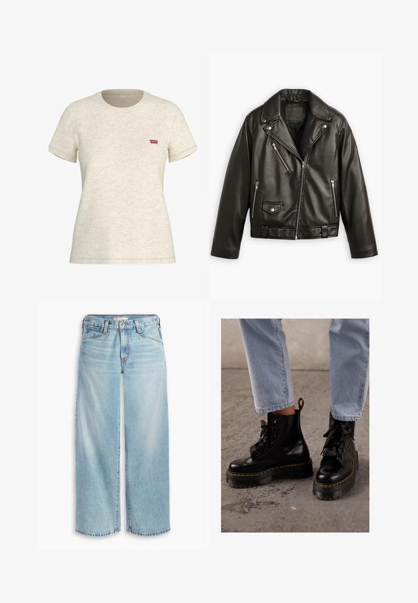 Czarna skórzana kurtka motocyklowa o skróconym kroju, szerokimi klapami, kilkoma zamykanymi kieszeniami oraz subtelnym połyskiem. Posiada pasek w talii.; Kremowa koszulka z krótkim rękawem wykonana z mieszanki bawełny. Posiada małe, czerwone logo Levi's na lewej piersi. Klasyczny krój z okrągłym dekoltem.; Jasnoniebieskie dżinsy z szerokimi nogawkami, wykonane z denimu, z wysokim stanem, zapięciem na guziki i postrzępionym dołem. Widoczne szwy i kieszenie.; Czarne skórzane botki za kostkę z masywną podeszwą, okrągłym noskiem, wstążkowymi sznurówkami, żółtymi stębnowaniami i pętelką z tyłu.