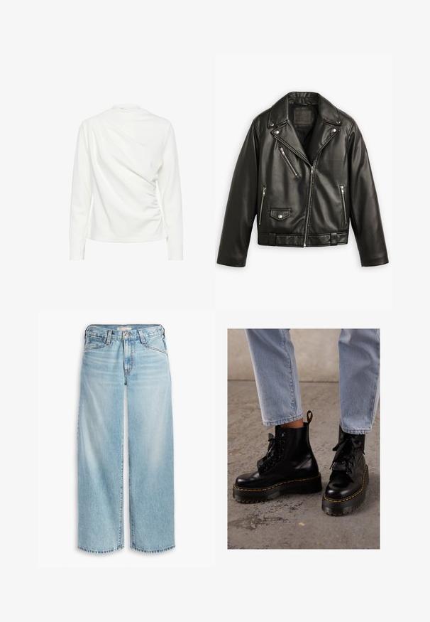 Veste de moto en cuir noir avec un design court, des revers larges, plusieurs poches zippées et un léger brillant. Elle possède une ceinture à la taille.; Haut à manches longues blanc avec un design drapé et une texture froncée sur le côté, présentant un col rond et une finition en tissu lisse.; Jean large bleu clair en denim, avec une taille haute, une fermeture à boutons et un ourlet effilé. Coutures visibles et poches.; Bottes de cheville en cuir noir avec une semelle épaisse, bout rond, lacets en ruban, couture jaune et une tirette à l'arrière.