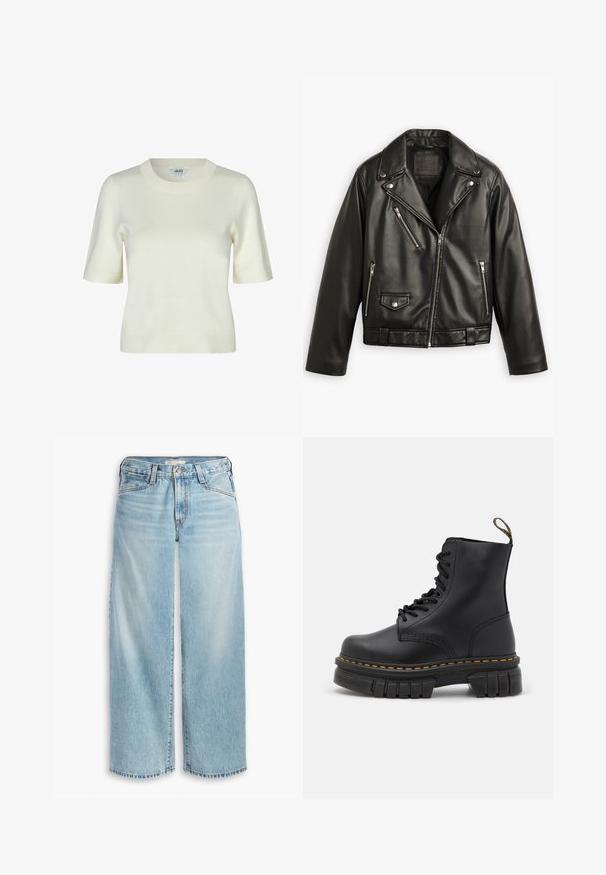 Juoda odinė motociklo striukė su trumpu dizainu, plačiomis apykaklėmis, keliais užtrauktukais, o taip pat subtiliu blizgesiu. Su diržu juosmenyje.; Megzta trumpa rankovėmis megztinis off-white spalvos, su apvalia kaklo iškirpte ir glotnia, švelnia tekstūra. Paprastas ir klasikinis dizainas.; Šviesiai mėlynų džinsų plačiomis kojomis, pagamintų iš džinsinio audinio, su aukštu liemeniu, mygtukų užtrauktuku ir nupjautais kraštais. Matomi siūlai ir kišenės.; Juodas odinis vyrų aulinukas su storu padu, geltonomis siūlėmis, apvalia nosimi ir kilpu gale, skirta lengvam užsidėjimui.