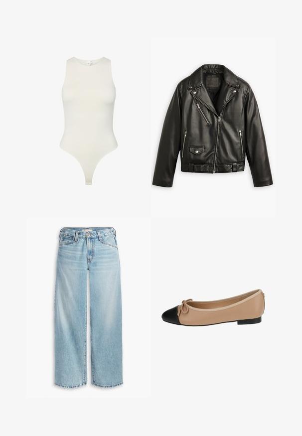 Veste de moto en cuir noir avec un design court, des revers larges, plusieurs poches zippées et un léger brillant. Elle possède une ceinture à la taille.; Bodysuit sans manches en tissu doux de couleur écrue ; il présente un col montant, un design ajusté et une découpe type string au bas. Texture lisse.; Jean large bleu clair en denim, avec une taille haute, une fermeture à boutons et un ourlet effilé. Coutures visibles et poches.; Ballerines en cuir beige avec un bout noir. Présentent un détail de nœud à l'avant et une texture lisse. Design à profil bas avec une semelle en caoutchouc.