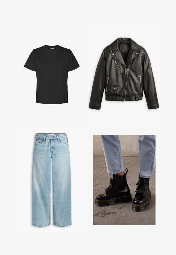 Juoda odinė motociklo striukė su trumpu dizainu, plačiomis apykaklėmis, keliais užtrauktukais, o taip pat subtiliu blizgesiu. Su diržu juosmenyje.; Juodas trumpomis rankovėmismarškinėliai, pagaminti iš medvilnės. Su apvaliu iškirpimu ir tiesiu hemu, atsipalaidavusio silueto. Minkšta tekstūra, be raštų ar akcentų.; Šviesiai mėlynų džinsų plačiomis kojomis, pagamintų iš džinsinio audinio, su aukštu liemeniu, mygtukų užtrauktuku ir nupjautais kraštais. Matomi siūlai ir kišenės.; Juodos odinės kulkšninių botai su masyviu padu, apvaliu pirštu, raišteliais juostele, geltonomis siūlėmis ir kilpeliu nugarinėje pusėje.
