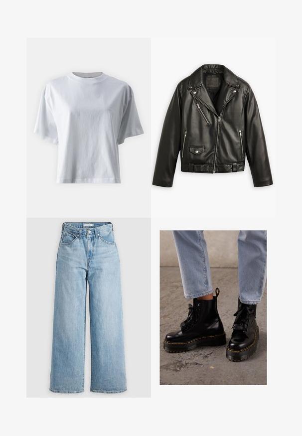 Czarna skórzana kurtka motocyklowa o skróconym kroju, szerokimi klapami, kilkoma zamykanymi kieszeniami oraz subtelnym połyskiem. Posiada pasek w talii.; IVY OAK KYLA biały; Jasnoniebieskie dżinsy typu wide-leg z wysokim stanem, wykonane z materiału dżinsowego. Posiadają klasyczny pięcio-kieszeniowy fason oraz metalowe detale.; Czarne skórzane botki za kostkę z masywną podeszwą, okrągłym noskiem, wstążkowymi sznurówkami, żółtymi stębnowaniami i pętelką z tyłu.