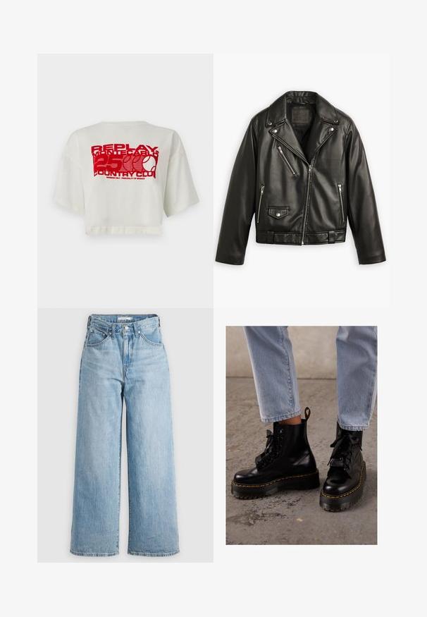 Black leather motorcycle jacket with a cropped design, wide lapels, multiple zip pockets, and a subtle sheen. Features a belt at the waist.; White cropped t-shirt made of cotton, featuring a large red graphic print with text and a tennis racket logo on the back.; Light blue wide-leg jeans with a high waist, made of denim fabric. Features a classic five-pocket design and metal hardware.; Black leather ankle boots with a chunky sole, round toe, ribbon laces, yellow stitching, and a pull tab at the back.