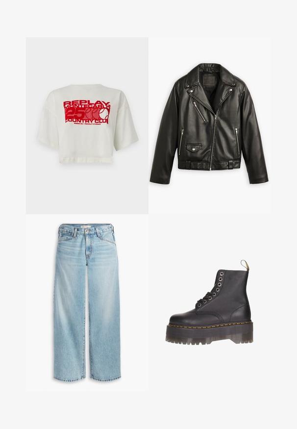 Črna usnjena motoristična jakna s skrajšanim dizajnom, širokimi reverji, več žepi na zadrgo in subtilnim sijajem. Ima pas pri pasu.; Bela skrajšana majica iz bombaža, ki ima na hrbtni strani velik rdeč grafični tisk z besedilom in logotipom teniškega loparja.; Svijetloplave široke traperice od denima, s visokim strukom, dugmadi i poderanim rubovima. Vidljive šavove i džepove.; Črne usnjene gležnjarje z dvema zaporoma za vezalke, rumenim šivanjem in prozornim podplatom s zobato robom.