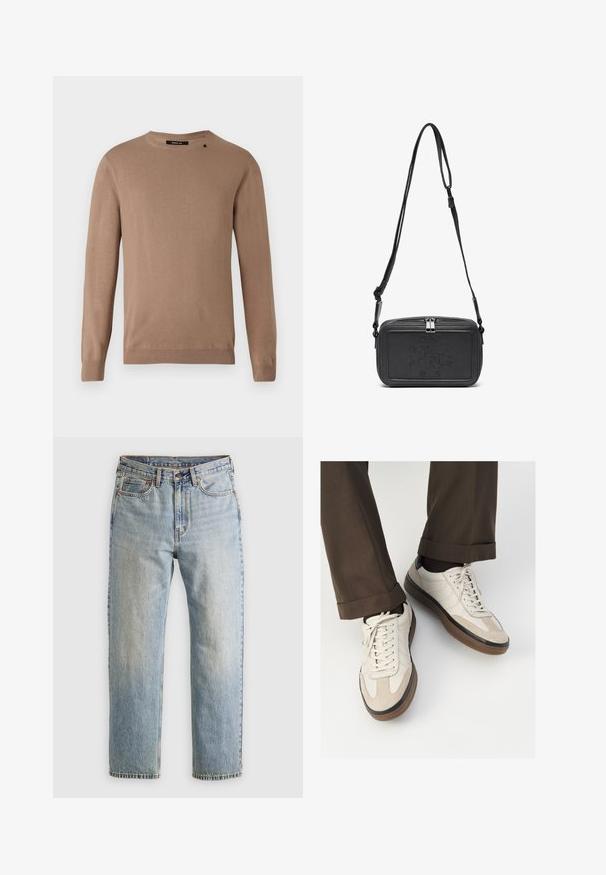 Siv plašč v ribji kost, z oznako ovratnikom, zapiranjem na en gumb, dvema sprednjima žepoma in podloženo notranjostjo. Klasičen, prilagojen fit.; Bežna dolga majica z dolgimi rokavi in okroglo izrezom, izdelana iz mehke, teksturirane tkanine. Ima rebraste manšete in obrobo ter majhen logotip.; Svetlo modri džins hlače z visokim pasom, sprednjim gumbom, zadrgo in petimi žepi, laid flat na nevtralni podlagi.; Bež teniske z teksturiranim prednjim delom iz usnja, gladkimi kožnimi stranicami in rjavo gumijasto podplatom. Vključene vezalke in svetla šivana detajla.; Črna usnjena torbica čez ramo z zadrgo, embosirano logotipom spredaj in nastavljivim pasom. Gladka površina z pravokotno obliko.