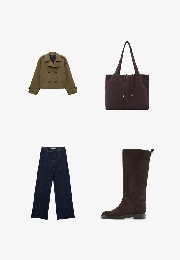 Veste cropped couleur olive à double boutonnage avec un col à revers, des boutons noirs et deux poches avant ; présente des épaules et des poignets structurés.; T-shirt marron à manches courtes en coton doux. Dispose d'un col rond et d'une coupe ample, avec une texture lisse et sans motifs visibles.; Pantalons en denim sombre à jambe large avec des coutures contrastantes, taille haute et coupe droite. Comprend des poches avant et une fermeture classique à boutons.; Botte en suède marron, montante jusqu'au genou, avec un bout arrondi, une semelle plate et un petit talon. Elle est dotée d'une languette à l'arrière pour un enfilage facile.; Mango Cabas - dark brown