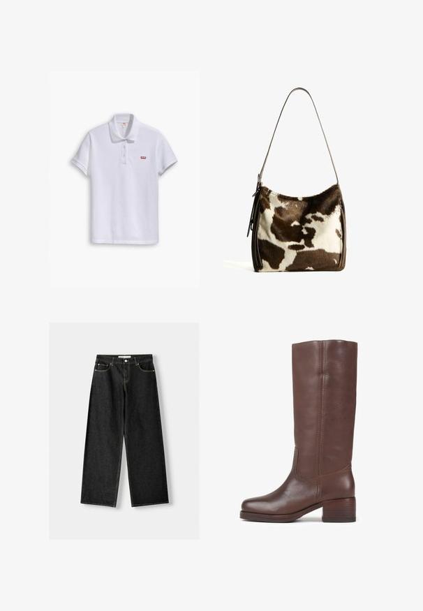 Olivovo zelená skrátená dvojradová bunda s výstrihom do "V", čiernymi gombíkmi a dvoma prednými vreckami; má štruktúrované ramená a manžety.; Biele polo tričko vyrobené z bavlny, s klasickým golierom, trojica gombíkov a malým červeným logom Levi's na ľavej hrudi.; Čierne denimové nohavice s širokými nohavicami, ktoré majú päť vreciek, kovový gombík a zips na zapínanie, a kontrastné žlté švy pozdĺž švov.; Bronx KYLEY - Čižmy - coffee bean; Hnedo-krémová kravská koža cez plece s hladkým koženým remienkom, zipsovým uzáverom a mäkkým, textúrovaným povrchom s prírodným vzorom.