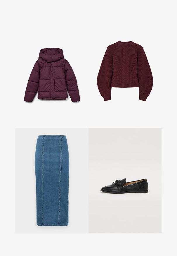 Bordó tónusú, nagy kapucnival ellátott pufi dzseki, steppelt mintázattal és elasztikus mandzsettákkal. Az elején végigfutó cipzár és oldalsó panelekkel rendelkezik.; Burgundy kötött pulóver texturált kábelmintákkal, kerek nyakkal és puffos ujjal. Az bordázott mandzsetta és szegély kiemeli a dizájnt.; Kék farmer nadrágszoknya függőleges varratokkal és magas derékkal, térd alatt ér, fehér háttér előtt bemutatva.; Fekete bőr lófarok cipők, megkötött masnival, arany szemcsés díszítéssel az oldalán és lapos gumitalppal. Simaság, klasszikus dizájn.