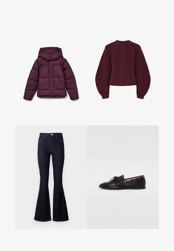 Bordó tónusú, nagy kapucnival ellátott pufi dzseki, steppelt mintázattal és elasztikus mandzsettákkal. Az elején végigfutó cipzár és oldalsó panelekkel rendelkezik.; Burgundy kötött pulóver texturált kábelmintákkal, kerek nyakkal és puffos ujjal. Az bordázott mandzsetta és szegély kiemeli a dizájnt.; Sötétkék, bővülő farmernadrág, amely denimből készült. Magas derék, gombos és cipzáras záródással, ellentétes varrással és sima textúrával.; Fekete bőr lófarok cipők, megkötött masnival, arany szemcsés díszítéssel az oldalán és lapos gumitalppal. Simaság, klasszikus dizájn.