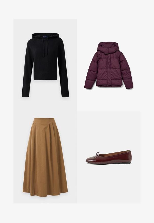 Bordo pernata jakna s velikim kapuljačom, s prošivenim uzorkom i elastičnim manžetama. Sprijeda ima zatvarač preko cijele dužine i bočne panele.; Crna pletena dukserica s dugim rukavima i vezicama, rebrasti rukavi i donji rub, skraćeni kroj, prikazana na bijeloj pozadini.; Smeđa pamučna suknja A kroja s visokim strukom, koja ima nabore sprijeda i glatku teksturu. Završetci donjeg ruba su čisti i jednostavni.; Burgundska lakirana balerinka s zaobljenim vrhom, malim mašnom sprijeda i niskom, crnom gumenom potplatu. Glatka tekstura.