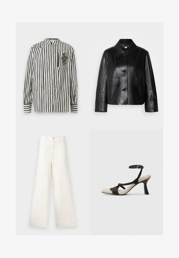 Giacca di pelle nera con colletto, dotata di due tasche frontali, chiusura con bottoni e una superficie liscia. Vestibilità sartoriale con spalle strutturate.; Camicia a righe bianche e nere con colletto button-down, maniche lunghe e taschino sul petto sinistro con un design di uva. Materiale in cotone.; Pantaloni a gamba larga in cotone beige chiaro. Caratterizzati da vita alta, tasche anteriori e un taglio dritto. Orlo pulito senza motivi.; Sandal con tacco nero e design con cinturino intrecciato, punta quadrata e cinturino alla caviglia regolabile. Soletta beige chiaro con tacco nero lucido.