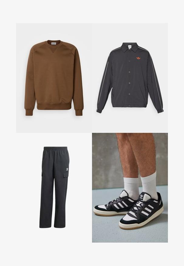 černá lehká bunda s knoflíkovým zapínáním, bílé boční pruhy a malé oranžové logo na hrudi. Elastické manžety a límec.; Carhartt WIP CHASE - Mikina - chocolate/gold; Černé cargo kalhoty s elastickým pasem, dvěma bočními kapsami a decentním logem na levém stehně. Vyrobeno z lehkého materiálu.; Černobílé tenisky s vrchní částí z semišové a kožené kůže, včetně tří bílých pruhů, perforovaného špičky a podrážky z gumy.