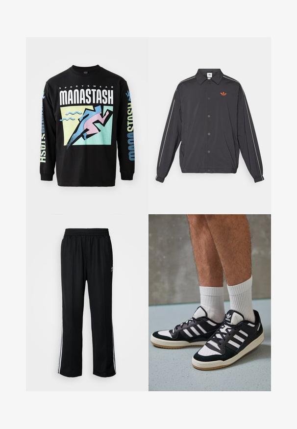 Casaco leve preto com fecho de botão, riscas laterais brancas e um pequeno logo laranja no peito. Punhos elásticos e colarinho.; Camisola preta de mangas longas com um design gráfico de um corredor em rosa, formas geométricas e texto em branco e azul, feita de algodão.; Calças atléticas pretas com um cós elástico, apresentando riscas brancas laterais e um pequeno logótipo. O material parece macio e leve.; Ténis em preto e branco com upper em camurça e couro, apresentando três riscas brancas, um toe perfurado e uma sola em borracha de goma.