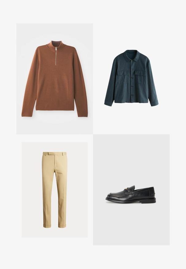 Sötétszürke gyapjúkeverék dzseki gallérral, két mellzsebbel és elülső gombos záródással. Hosszú ujjakkal és laza szabással rendelkezik.; Barna, hosszú ujjú pulóver magas nyakkal és félig cipzárral. Az anyag puhanak tűnik, sima, egyenletes textúrával.; Kaki chino nadrág, sima pamutból készült, fitted fazonú, elöl fodrokkal és bokánál szűkített kialakítással.; A fekete bőrcipők lekerekített orral, varrott részletezéssel és egy apró arany díszítéssel rendelkeznek az elején. A talp lapos és diszkrét.