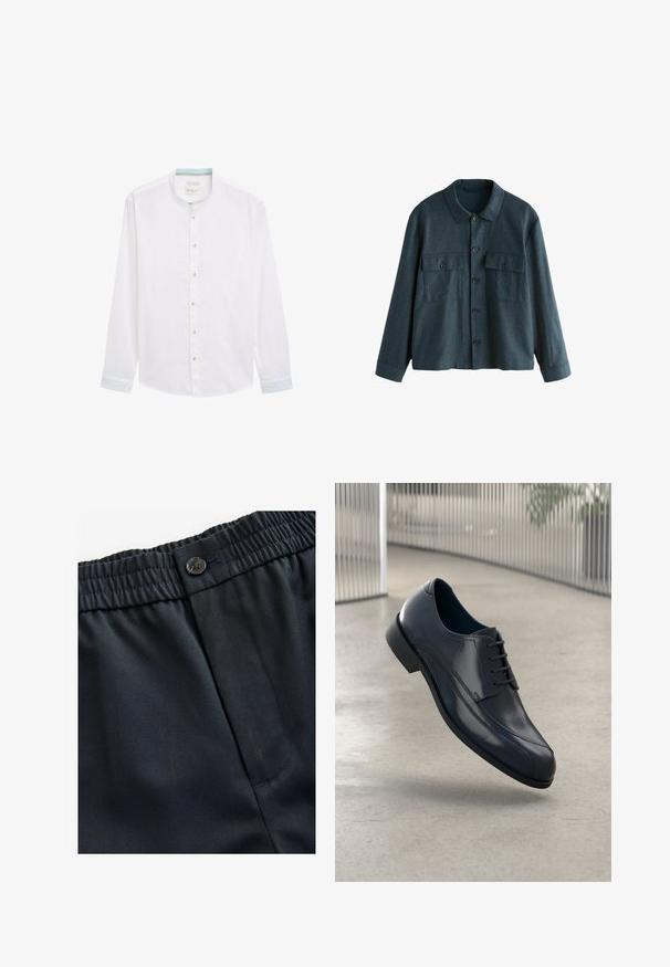 Tmavo sivý kabát z vlnenej zmesi s golierom, dvoma prednými vreckami na hrudi a zapínaním na gombíky. Má dlhé rukávy a voľný strih.; Biela dlhá košeľa s rukávmi a band golierom, s svetlomodrým akcentom na vnútornej strane goliera a zapínaním na gombíky na prednej strane.; Námornícka modrá, ľahký materiál s hladkou štruktúrou. Obsahuje elastický pás so zapínaním na gombík a jednu bočnú vrecko.; Lesklá čierna kožená obuv na šnurovanie, ktorá sa vznáša nad hladkým, svetlošedým podlahou a vertikálnymi kovovými tyčami v pozadí.