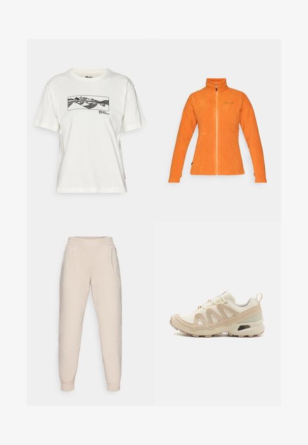 Orange fleece jacket with a high collar and front zip, featuring two side pockets and a subtle logo on the chest. Soft texture.; White cotton t-shirt featuring a black line graphic of mountains and hills across the chest, with a logo displayed on the lower side.; Beige jogger pants with an elastic waistband, two side pockets, and elastic cuffs at the ankles; smooth, lightweight material.; Beige and cream athletic shoe with textured mesh upper, supportive overlays, and rubber outsole featuring a tread pattern for traction.