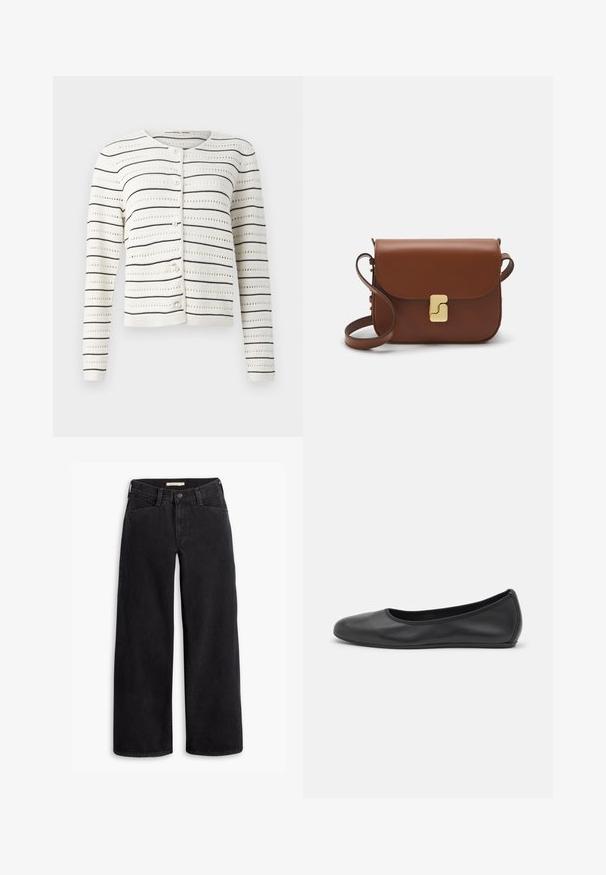 Juodas vilnonis paltas su išpjautu apykakle, priekiniais mygtukais ir šoninėmis kišenėmis. Turi ilgą, laisvą siluetą ir glotnią tekstūrą.; Baltas kardiganas su juodomis horizontaliosiomis juostelėmis ir nėriniuotu raštu. Yra apvalus kaklas ir perlų tipo sagos priekyje.; Balta trumpa rankovėmis marškinėliai, pagaminti iš pasiruošusio audinio. Apvali iškirptė, reguliari tinkamumas ir subtilūs siuvimo detalės. Be raštų ar grafikos.; Juodi plačių kojų džinsai, pagaminti iš džinsinio audinio. Yra aukštu liemeniu, priekinėmis kišenėmis ir užtrauktuku su mygtuko uždarymu. Lygus paviršius.; Juodai odiniai baletai su apvaliu pirštu, lygi texture, minimalus siuvimo detales ir lanksčiu padų dizainu.; Ruda odinė rankinė su uždaromu dangteliu, aukso spalvos detalėmis, petneša ir lygiu paviršiumi. Kompaktiška stačiakampio formos.