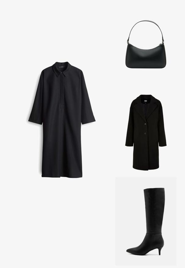 Schwarzer Wollmantel mit Reverskragen, vorderem Knopfverschluss und Seitentaschen. Merkmale sind ein langer, lockerer Schnitt und eine glatte Textur.; Schwarzes langärmeliges Kleid mit Kragen, das eine Vorderblende und eine gerade Silhouette aufweist. Hergestellt aus glattem Stoff ohne sichtbare Muster.; Anna Field Stiefel - black; Schwarze Leder-Schultertasche mit geschwungener Form, einem flachen Tragegurt und einem oberen Reißverschluss. Glatte Textur mit minimalen Hardwaredetails.