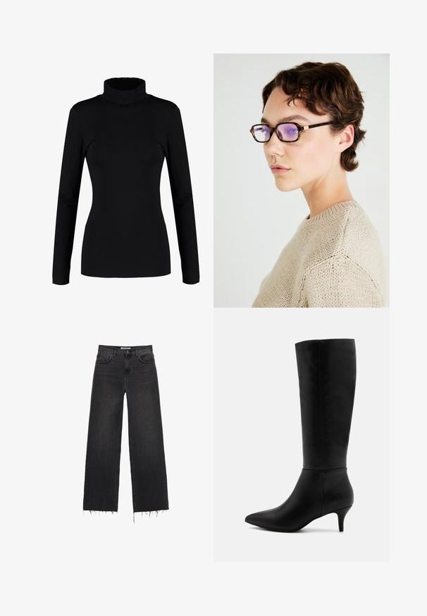 Musta villakangastakki, jossa on lovettu kaulus, etunapit ja sivutaskut. Ominaisuuksiin kuuluu pitkä, rento istuvuus ja sileä tekstuuri.; Harmaa poolopaita on valmistettu pehmeästä, teksturoidusta materiaalista ja siinä on rento istuvuus. Varustettu ribbaamalla viimeistellyllä kaula-aukolla, hihansuilla ja helman reunuksilla. Yksinkertainen muotoilu.; Musta pitkähihaiset poolopaita, joka on valmistettu pehmeästä, joustavasta kankaasta ja siinä on istuva siluetti sekä korkea kaulus. Ilman kuvia tai koristeita.; Korkeavyötäröiset leveät mustat farkut, joissa on repaleinen helma, viisi taskua ja nappikiinnitys. Pehmeä pinta ja haalistunut viimeistely.; Anna Field Saappaat - black; Kilpikonnakuosiset suorakaiteen muotoiset eyeglassit, joissa on violetit linssit; ohut, tyylikäs kehys; kultaiset detaljit temppelissä; röpelöinen beige neule.; Mustat nahkaolkalaukku, jossa on kaareva muoto, yksittäinen litteä hihna ja yläosan vetoketjukiinnitys. Tasainen pinta, jossa on minimaalinen metalliosien määrä.
