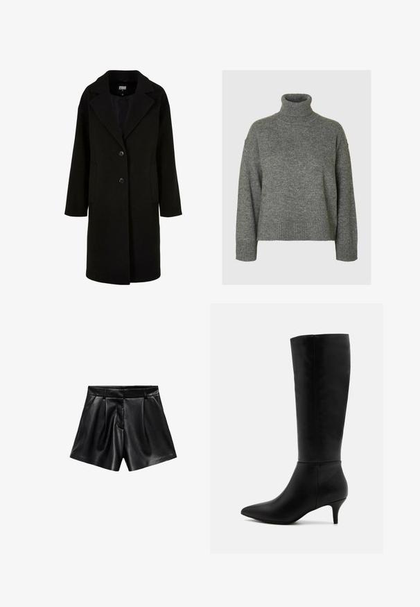 Manteau en laine noire avec un col cranté, des manches longues, deux poches avant et une fermeture par boutons. Design simple avec une texture lisse.; Pull à col roulé gris fabriqué dans un matériau doux et texturé, avec une coupe décontractée. Présente un col, des poignets et un ourlet côtelés. Design simple.; Shorts en cuir noir avec taille haute, plis à l'avant et poches latérales. Texture lisse avec une finition polie.; Anna Field Bottes - black