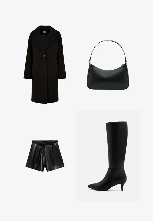 Black wool coat with a notched lapel, front buttons, and side pockets. Features a long, relaxed fit and smooth texture.; Gray turtleneck sweater made of a soft, textured material with a relaxed fit. Features ribbed collar, cuffs, and hem. Simple design.; Black leather shorts featuring a high waist, pleats at the front, and side pockets. Smooth texture with a polished finish.; Anna Field Boots - black; Black leather shoulder bag with a curved shape, single flat strap, and a top zipper closure. Smooth texture with minimal hardware details.