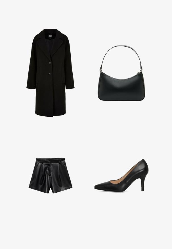 Czarny wełniany płaszcz z klapami, guziki z przodu i bocznymi kieszeniami. Ma długi, luźny krój oraz gładką teksturę.; Szary sweter z golfem wykonany z miękkiego, teksturowanego materiału o luźnym kroju. Posiada prążkowany kołnierz, mankiety i dół. Prosty design.; Czarne skórzane szorty z wysokim stanem, fałdami z przodu i bocznymi kieszeniami. Gładka tekstura z połyskującym wykończeniem.; Czarne skórzane szpilki z wąskim noskiem, gładką teksturą i elegancką sylwetką. Obcas ma wysokość około 3 cali.; Czarna skórzana torba na ramię o zakrzywionym kształcie, z pojedynczym płaskim paskiem i zamknięciem na zamek błyskawiczny u góry. Gładka tekstura z minimalnymi detalami metalowymi.
