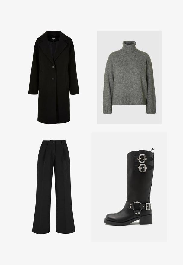 Svart ullfrakk med slagkrage, frontknepping og sidelommer. Har en lang, avslappet passform og jevn tekstur.; Grå genser med rullehals laget av et mykt, teksturert materiale med en avslappet passform. Har ribbestrikket krage, mansjetter og nederkant. Enkel design.; Sorte vidde bukser med frontfolder, laget av glatt stoff. Har knappelukking og skreddersydd design.; Sorte skinnhøye støvler med to buckles, rund tupp, kraftig hæl og dekorative sølvfargede detaljer. Teksturert finish.