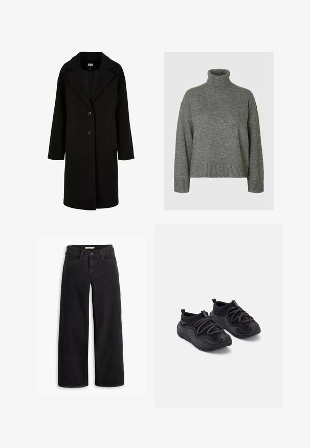 Černý vlněný kabát s klopovým límcem, předními knoflíky a bočními kapsami. Má dlouhý, volný střih a hladkou texturu.; Šedý rolák vyrobený z měkkého, strukturovaného materiálu s volným střihem. Má ribované límce, manžety a lem. Jednoduchý design.; Černé široké džíny z denimové látky. Mají vysoký pas, přední kapsy a zip se zapínáním na knoflík. Hladká textura.; Černé sportovní boty s texturovanou gumovou podrážkou, polstrovaným textilním svrškem, elastickými tkaničkami a poutky na patě pro snadné obouvání.