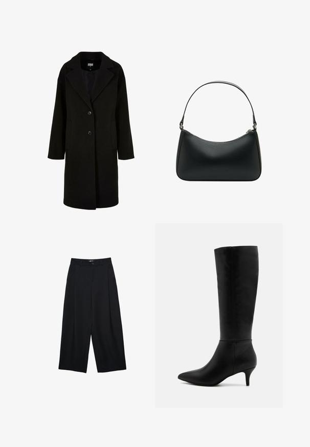 Sort uldfrakke med klapkrave, frontknapper og sidelommer. Har en lang, afslappet pasform og en glat tekstur.; Grå turtleneck sweater lavet af et blødt, tekstureret materiale med en afslappet pasform. Har ribbede detaljer ved krave, ærmer og kant. Enkel design.; Sorte vidde bukser lavet af glat stof, med frontknaplukning, folder og sidelommer for ekstra funktionalitet.; Anna Field Høje støvler/ Støvler - black; Sort læder skuldertaske med en buet form, enkelt fladt rem og lynlås lukning øverst. Glat tekstur med minimale hardware detaljer.