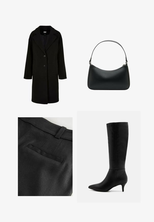 Černý vlněný kabát s klopovým límcem, předními knoflíky a bočními kapsami. Má dlouhý, volný střih a hladkou texturu.; Šedý rolák vyrobený z měkkého, strukturovaného materiálu s volným střihem. Má ribované límce, manžety a lem. Jednoduchý design.; Next RICH TAILORED JORT - Šortky - black; Anna Field Vysoká obuv - black; Černá kožená kabelka přes rameno s zakřiveným tvarem, jedním plochým popruhem a svrchním zipovým uzávěrem. Hladká textura s minimem kovových detailů.