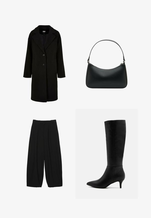 Czarny wełniany płaszcz z klapami, guziki z przodu i bocznymi kieszeniami. Ma długi, luźny krój oraz gładką teksturę.; Szary sweter z golfem wykonany z miękkiego, teksturowanego materiału o luźnym kroju. Posiada prążkowany kołnierz, mankiety i dół. Prosty design.; Czarne szerokie spodnie z gładkiej tkaniny, z przodu zakładki i dopasowany pas. Krój luźny o swobodnym układzie.; Anna Field - Kozaki; Czarna skórzana torba na ramię o zakrzywionym kształcie, z pojedynczym płaskim paskiem i zamknięciem na zamek błyskawiczny u góry. Gładka tekstura z minimalnymi detalami metalowymi.