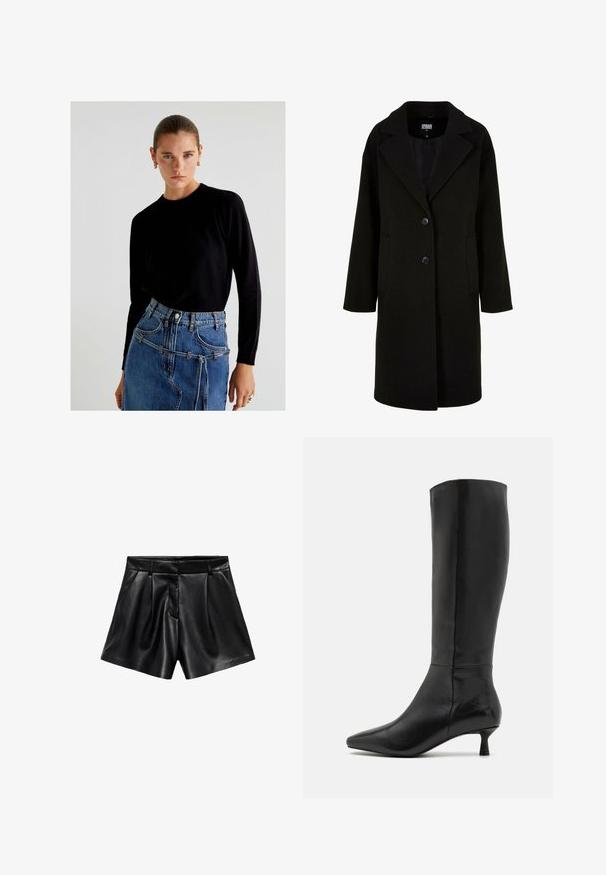 Black wool coat with a notched lapel, front buttons, and side pockets. Features a long, relaxed fit and smooth texture.; Scalpers Jumper - black; Black leather shorts featuring a high waist, pleats at the front, and side pockets. Smooth texture with a polished finish.; Zign Boots - black