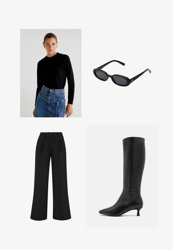 Musta villakangastakki, jossa on lovettu kaulus, etunapit ja sivutaskut. Ominaisuuksiin kuuluu pitkä, rento istuvuus ja sileä tekstuuri.; Scalpers Neule - black; Mustat leveälahkeiset housut, joissa on etupleikkuja, valmistettu sileästä kankaasta. Varustettu nappilukolla ja räätälöidyllä muotoilulla.; Zign Saappaat - black; Mustat ylisuuruiset aurinkolasit, jotka ovat soikeat linssit, sileä muovikehys ja kultaiset korostukset temppeleissä. Tummat linssit tarjoavat suojaa auringolta.