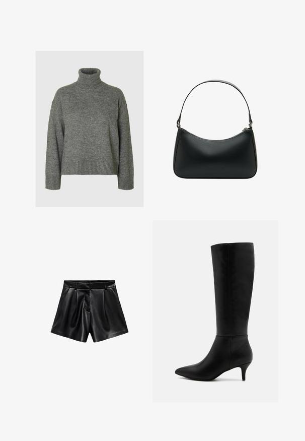 Črn volnen plašč z zareznimi ovratniki, sprednjimi gumbi in stranskimi žepi. Ima dolg, sproščen kroj in gladko teksturo.; Sivi pulover s turtleneck ovratnikom, izdelan iz mehkega, teksturiranega materiala z sproščenim krojem. Ima rebrast vrhnji del, manšete in rob. Preprost dizajn.; Kratke hlače iz črne usnje z visokim pasom, z gubami spredaj in stranskimi žepi. Gladka tekstura s poliranim zaključkom.; Anna Field Škornji - black; Črna usnjena torba za ramo s ukrivljeno obliko, enojnim ravnim trakom in zgornjim zadrgo. Gladka tekstura z minimalnimi podrobnostmi snemalnikov.