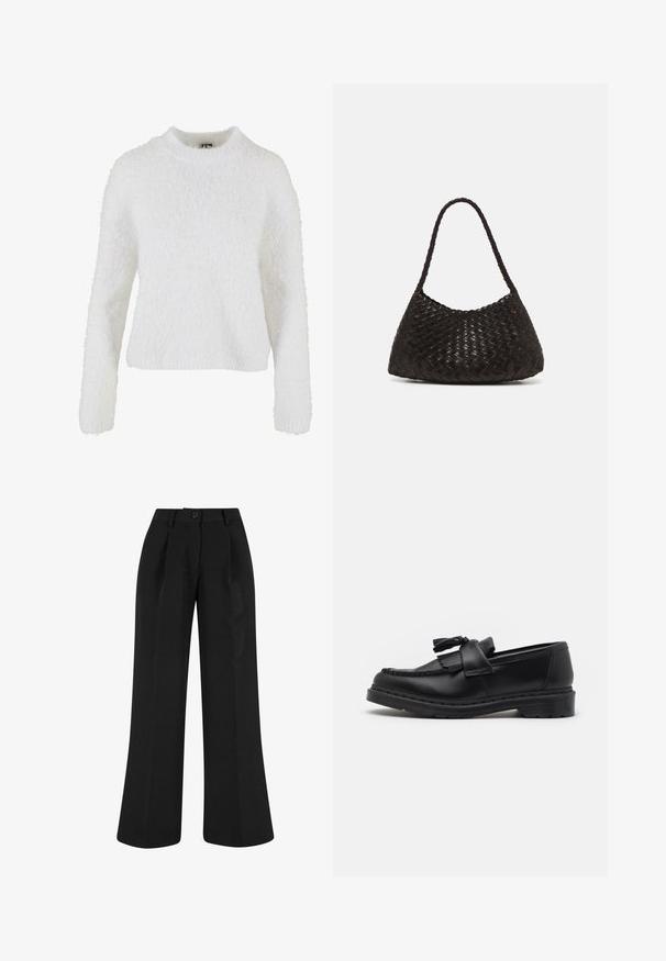 Schwarzer Wollmantel mit Reverskragen, vorderem Knopfverschluss und Seitentaschen. Merkmale sind ein langer, lockerer Schnitt und eine glatte Textur.; Weißer, flauschiger Pullover aus weichem Material. Mit Rundhalsausschnitt und langen Ärmeln in lockerer Passform. Keine Muster oder Verzierungen.; Schwarze weit geschnittene Hose mit vorderen Falten, aus glattem Stoff gefertigt. Verfügt über einen Knopfverschluss und ein maßgeschneidertes Design.; Schwarze Lederloafer mit einer Quastenverzierung, gestickten Details entlang der Kante und einer dicken Gummisohle für Langlebigkeit.; DRAGON DIFFUSION ROSANNA - Handtasche - dark brown