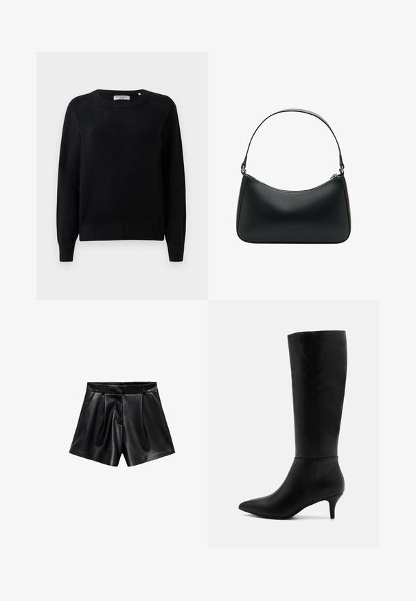 Črn volnen plašč z zareznimi ovratniki, sprednjimi gumbi in stranskimi žepi. Ima dolg, sproščen kroj in gladko teksturo.; Črna pletena jopica z okroglim ovratnikom, dolgimi rokavi in ribanim zaključkom rokavov ter roba. Mehka tekstura, brez vidnih vzorcev ali kovinskih delov.; Kratke hlače iz črne usnje z visokim pasom, z gubami spredaj in stranskimi žepi. Gladka tekstura s poliranim zaključkom.; Anna Field Škornji - black; Črna usnjena torba za ramo s ukrivljeno obliko, enojnim ravnim trakom in zgornjim zadrgo. Gladka tekstura z minimalnimi podrobnostmi snemalnikov.
