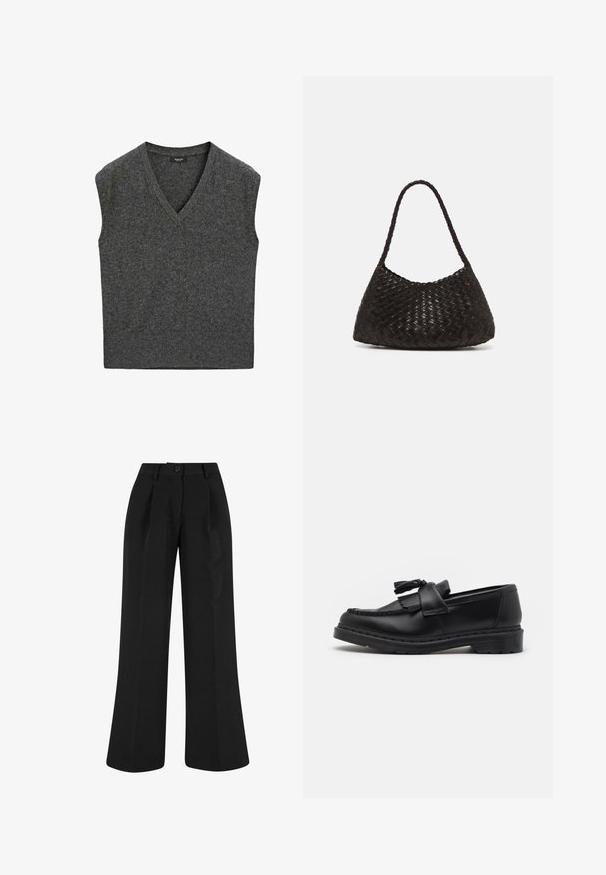 Černý vlněný kabát s klopovým límcem, předními knoflíky a bočními kapsami. Má dlouhý, volný střih a hladkou texturu.; Šedý bezrukávový svetr s výstřihem do V, vyrobený z měkké pleteniny. Má ribbený lem a hladkou texturu po celém povrchu.; Černé kalhoty s širokými nohavicemi a předními sklady, vyrobené z hladké tkaniny. Mají zapínání na knoflík a přizpůsobený design.; Černé kožené mokasíny s třásněmi, prošívanými detaily podél okraje a silnou gumovou podrážkou pro zvýšenou odolnost.; DRAGON DIFFUSION ROSANNA - Kabelka - dark brown
