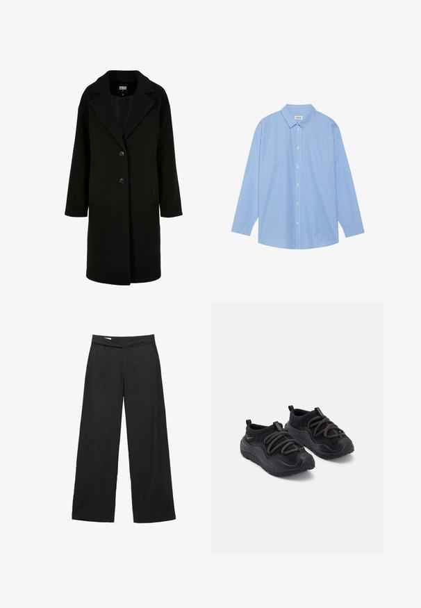 Črn volnen plašč z zareznimi ovratniki, sprednjimi gumbi in stranskimi žepi. Ima dolg, sproščen kroj in gladko teksturo.; Modra in bela črtasta dolgosleeve srajca s klasičnim ovratnikom, gumbnim zapenjanjem in zaobljenim robom. Narejena iz lahkotnega materiala.; Črne, široke hlače iz lahkega materiala. Imajo ravno elastiko in dva sprednja žepa. Preprost, čist dizajn brez vzorcev.; Črne športne čevlje z teksturirano gumijasto podplatom, oblazinjenim zgornjim delom iz tkanine, elastičnimi vezalkami in zanke na peti za lažje obuvanje.