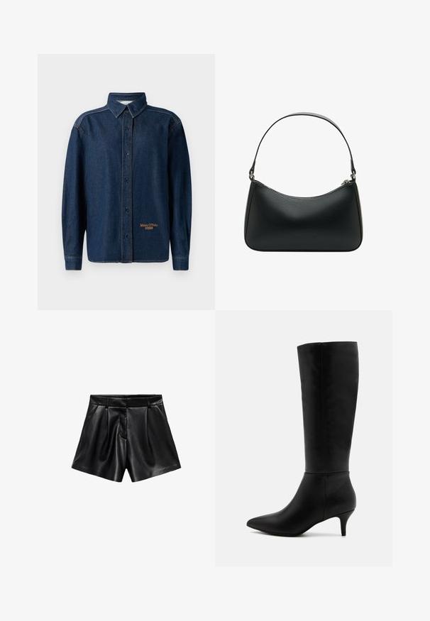 Čierny vlnený kabát s klopovým golierom, prednými gombíkmi a bočnými vreckami. Má dlhý, voľný strih a hladkú textúru.; Tmavomodrá riflová košeľa s dlhým rukávom, gombíkmi a golierom, viditeľným stehom a malým vyšitým logom "Marc O'Polo DENIM" blízko lemu.; Čierne kožené šortky s vysokým pásom, so skladaním vpredu a bočnými vreckami. Hladká textúra s lesklým povrchom.; Anna Field Čižmy - black; Čierna kožená taška na rameno s zakriveným tvarom, jedným plochým popruhom a horným zipsom. Hladká textura s minimálnymi kovovými detailmi.