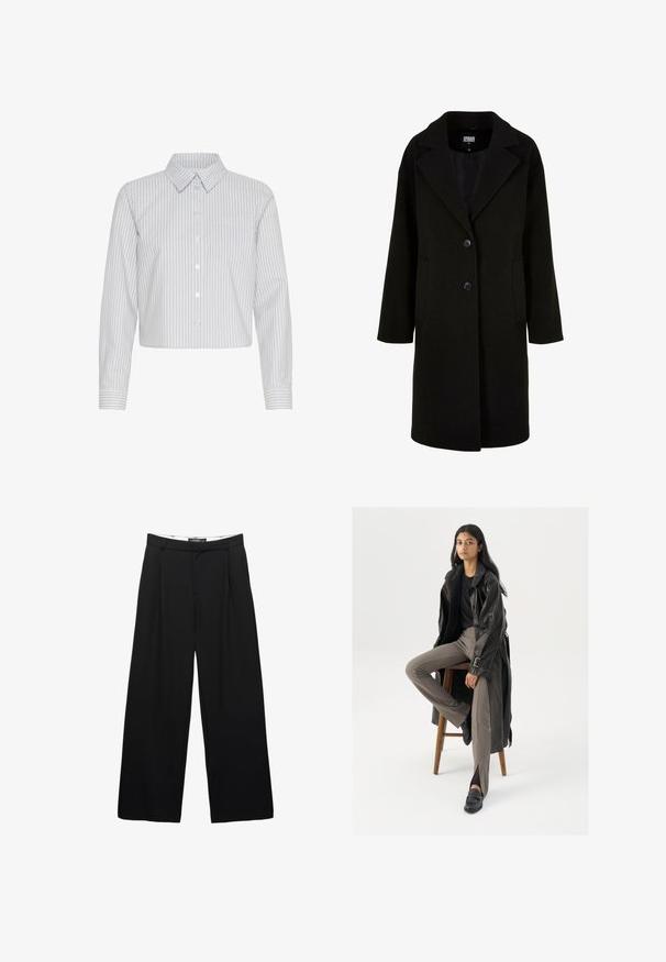 Schwarzer Wollmantel mit Reverskragen, vorderem Knopfverschluss und Seitentaschen. Merkmale sind ein langer, lockerer Schnitt und eine glatte Textur.; Gekürzte Hemdbluse in Weiß mit vertikalen Navy-Streifen, mit Kragen und einer einzelnen Brusttasche. Lange Ärmel mit Manschettendetails.; Schwarzfarbene weite Hosen aus glattem Stoff. Mit frontalen Falten, einem Bund mit Gürtelschlaufen und einer taillierten Silhouette.; Schwarzer Leder-Trenchcoat mit Knöpfen und Gürtel-Detail, kombiniert mit hellbraunen, taillierten Hosen und schwarzen Slippern, sitzt auf einem Holzschemel.