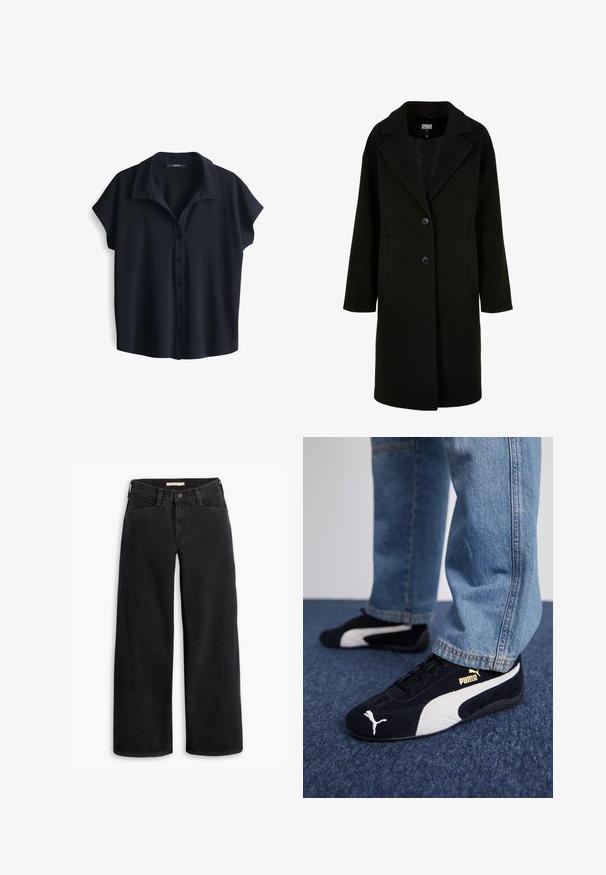 Schwarzer Wollmantel mit Reverskragen, vorderem Knopfverschluss und Seitentaschen. Merkmale sind ein langer, lockerer Schnitt und eine glatte Textur.; Navyblaues Kurzarmblusenshirt, mit Knopfverschluss vorne, aus weichem Stoff, lockere Passform, mit großem Kragen und leicht strukturierter Oberfläche.; Schwarze weit geschnittene Jeans aus Denim. Mit hoher Taille, Fronttaschen und einem Reißverschluss mit Knopfverschluss. Glatte Textur.; Schwarze Wildledersneaker mit weißen Akzenten und einem goldenen Logo. Getragen mit hellblauen Jeans und auf einer strukturierten blauen Oberfläche platziert.