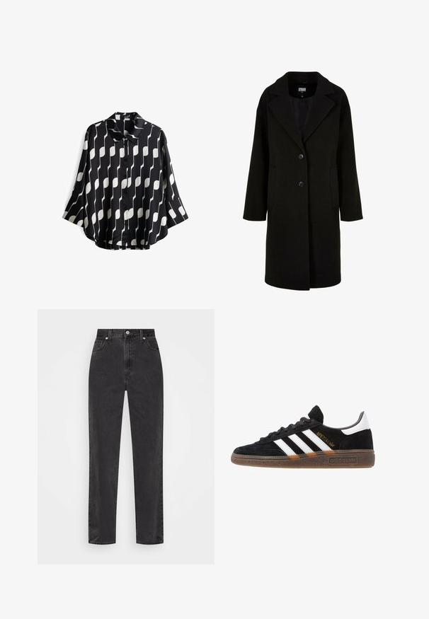 Cappotto di lana nera con revers a punta, bottoni frontali e tasche laterali. Presenta una vestibilità lunga e rilassata e una texture liscia.; Camicia a righe bianco e nero con colletto, fronte a bottoni, maniche a tre quarti e tessuto liscio e leggero. Vestibilità regolare.; Jeans in denim nero a gamba dritta con vita alta, bottone e cerniera frontali, e cinque tasche su uno sfondo bianco.; Sneaker Adidas nere con strisce bianche, testo "Spezial" dorato, suola in gomma e tab sul tallone bianco, mostrato in veduta laterale.