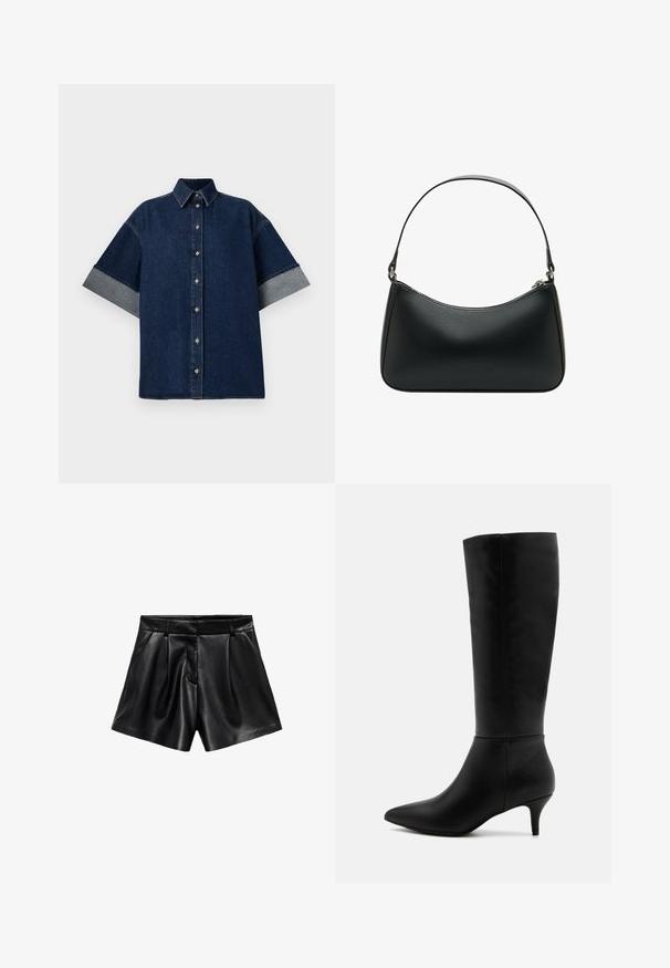 Črn volnen plašč z zareznimi ovratniki, sprednjimi gumbi in stranskimi žepi. Ima dolg, sproščen kroj in gladko teksturo.; Temna denim srajca s kratkimi, zavihanimi rokavi iz svetlejšega denima. Ima klasičen ovratnik in sprednje gumbe. Gladka tekstura, sproščen dizajn.; Kratke hlače iz črne usnje z visokim pasom, z gubami spredaj in stranskimi žepi. Gladka tekstura s poliranim zaključkom.; Anna Field Škornji - black; Črna usnjena torba za ramo s ukrivljeno obliko, enojnim ravnim trakom in zgornjim zadrgo. Gladka tekstura z minimalnimi podrobnostmi snemalnikov.